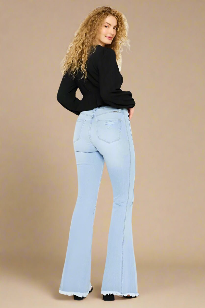 Kancan - High - Rise Flare Jeans – Light Wash with Raw Hem