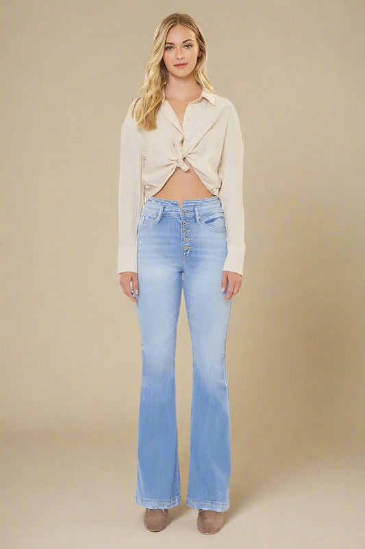 Kancan - High - Rise Light Wash Button - Fly Flare Jeans