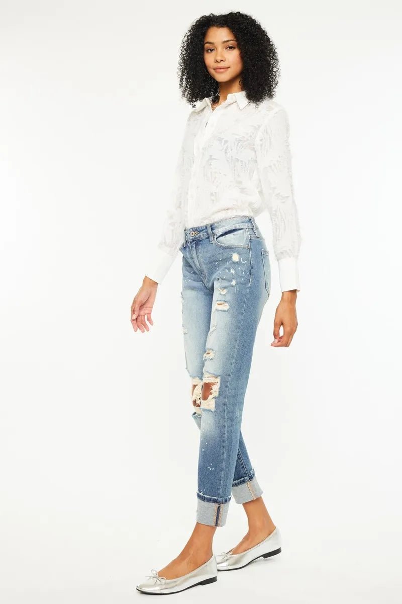 Kancan - High - Rise Light Wash Distressed Boyfriend Jeans with Paint Splatter Detail