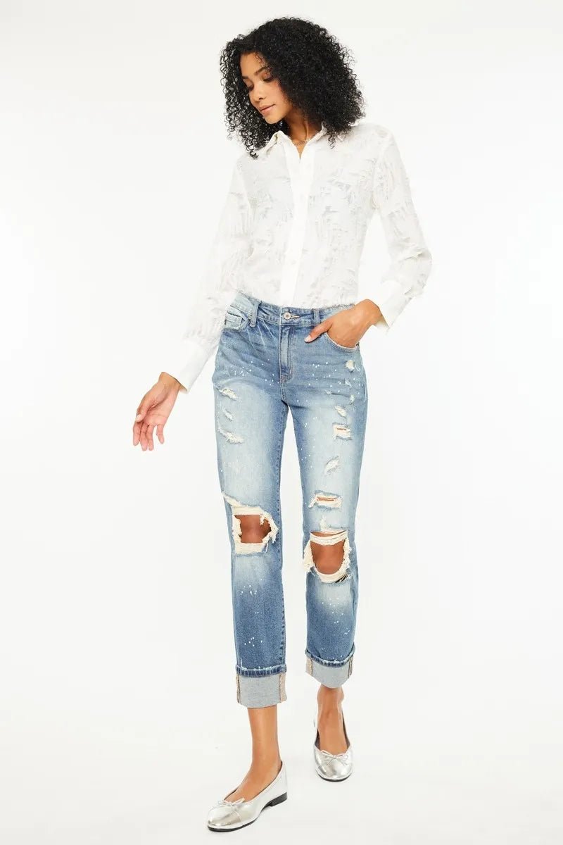Kancan - High - Rise Light Wash Distressed Boyfriend Jeans with Paint Splatter Detail