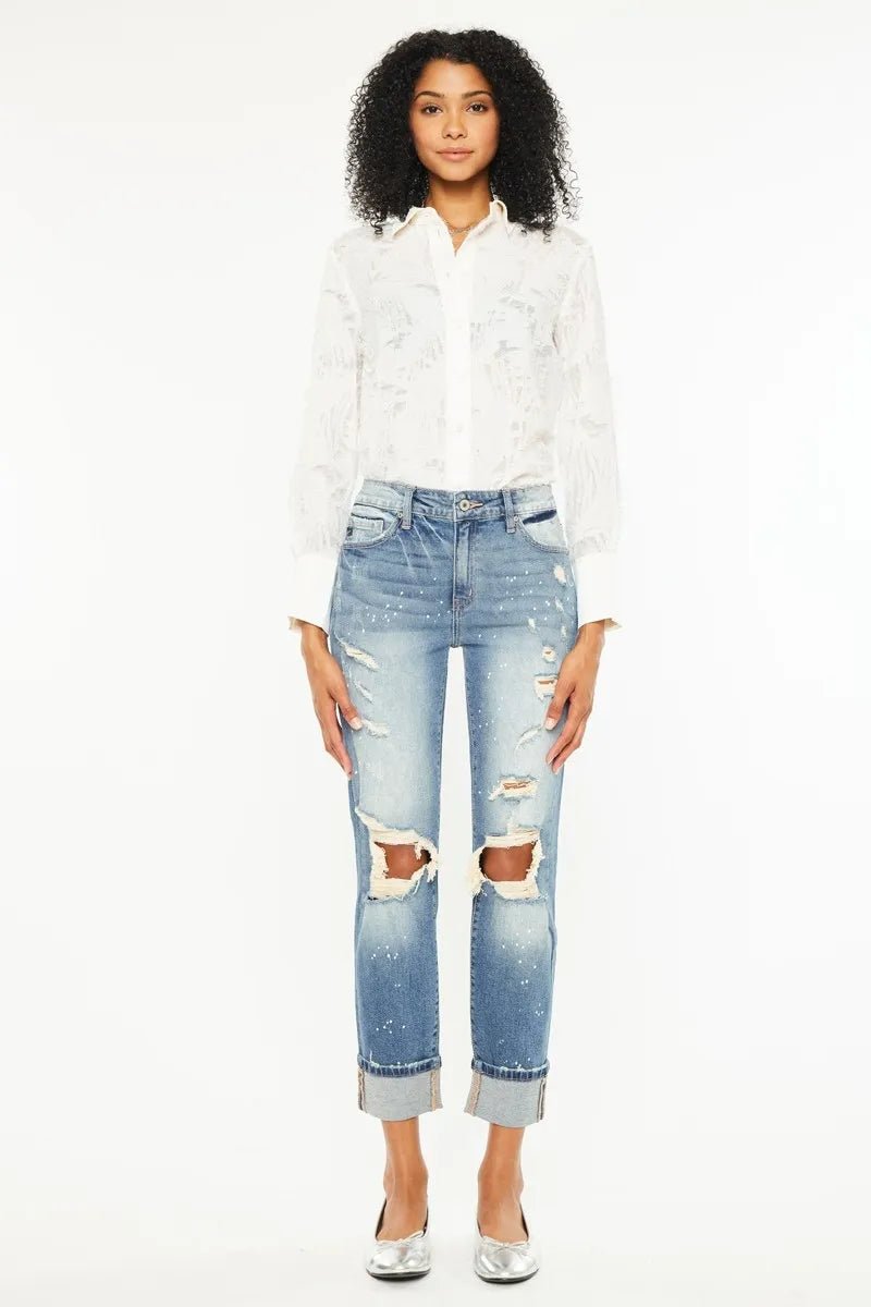 Kancan - High - Rise Light Wash Distressed Boyfriend Jeans with Paint Splatter Detail