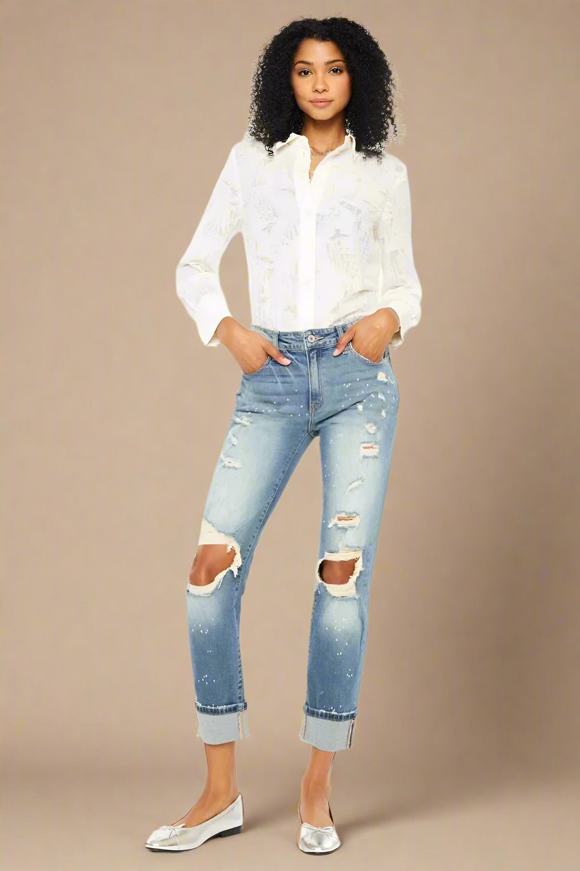 Kancan - High - Rise Light Wash Distressed Boyfriend Jeans with Paint Splatter Detail
