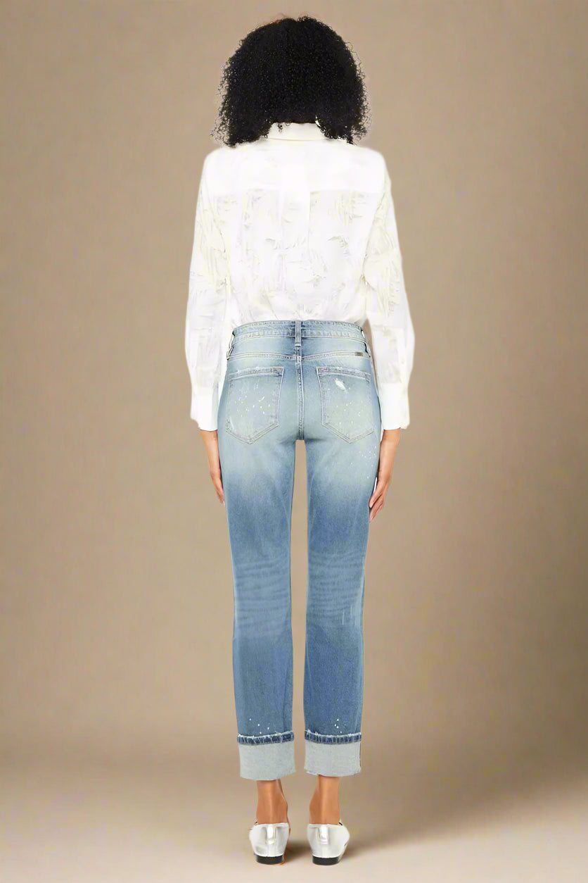 Kancan - High - Rise Light Wash Distressed Boyfriend Jeans with Paint Splatter Detail
