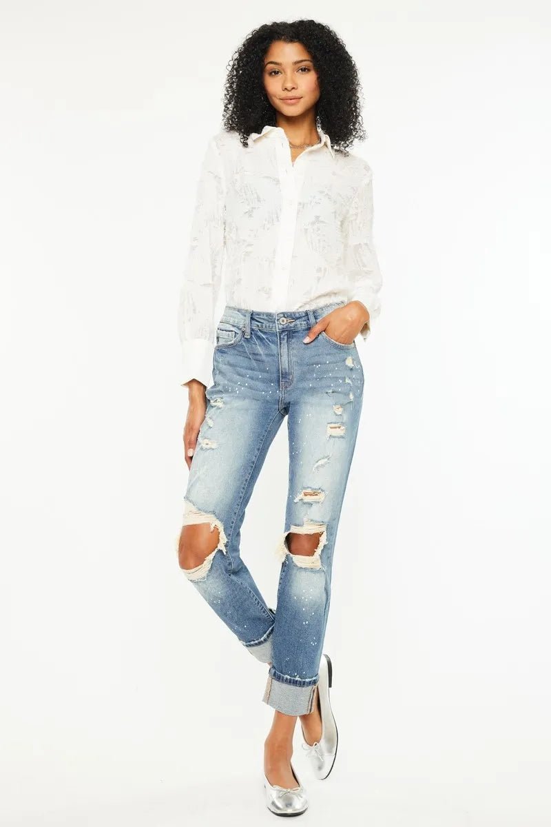 Kancan - High - Rise Light Wash Distressed Boyfriend Jeans with Paint Splatter Detail