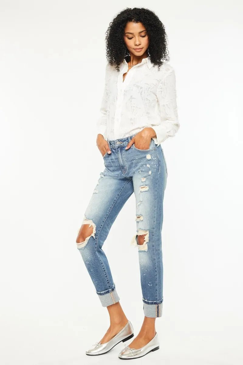 Kancan - High - Rise Light Wash Distressed Boyfriend Jeans with Paint Splatter Detail