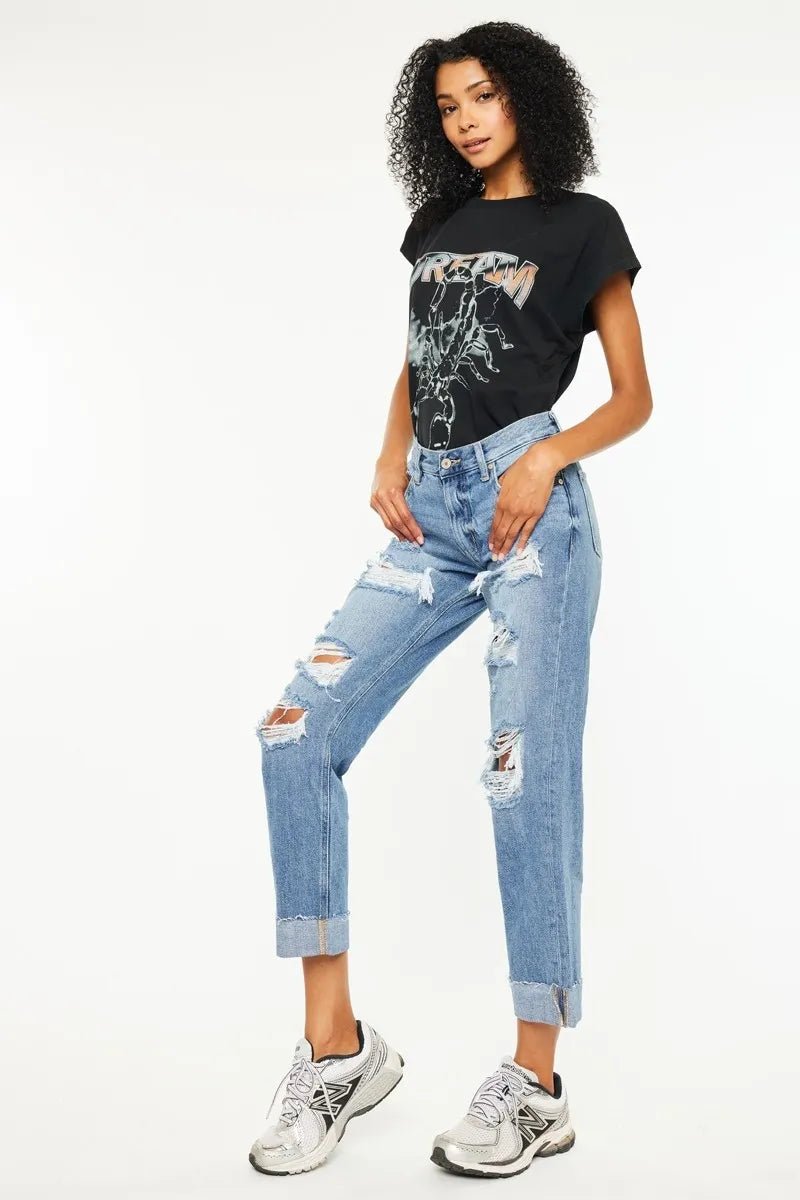 Kancan - High - Rise Medium Wash Distressed Boyfriend Jeans with Cuffed Hem