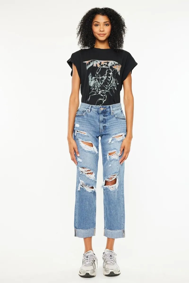 Kancan - High - Rise Medium Wash Distressed Boyfriend Jeans with Cuffed Hem