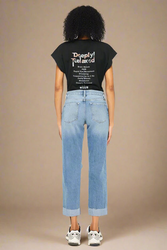 Kancan - High - Rise Medium Wash Distressed Boyfriend Jeans with Cuffed Hem