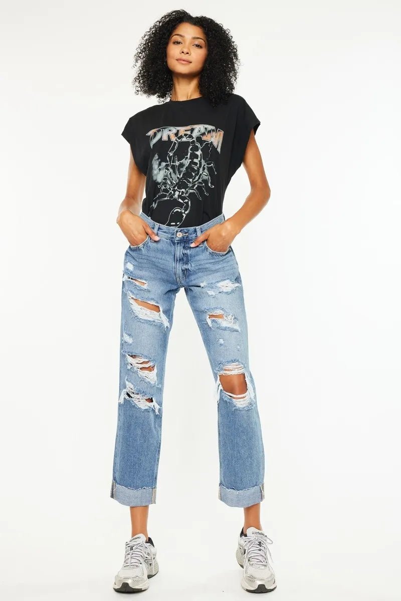Kancan - High - Rise Medium Wash Distressed Boyfriend Jeans with Cuffed Hem