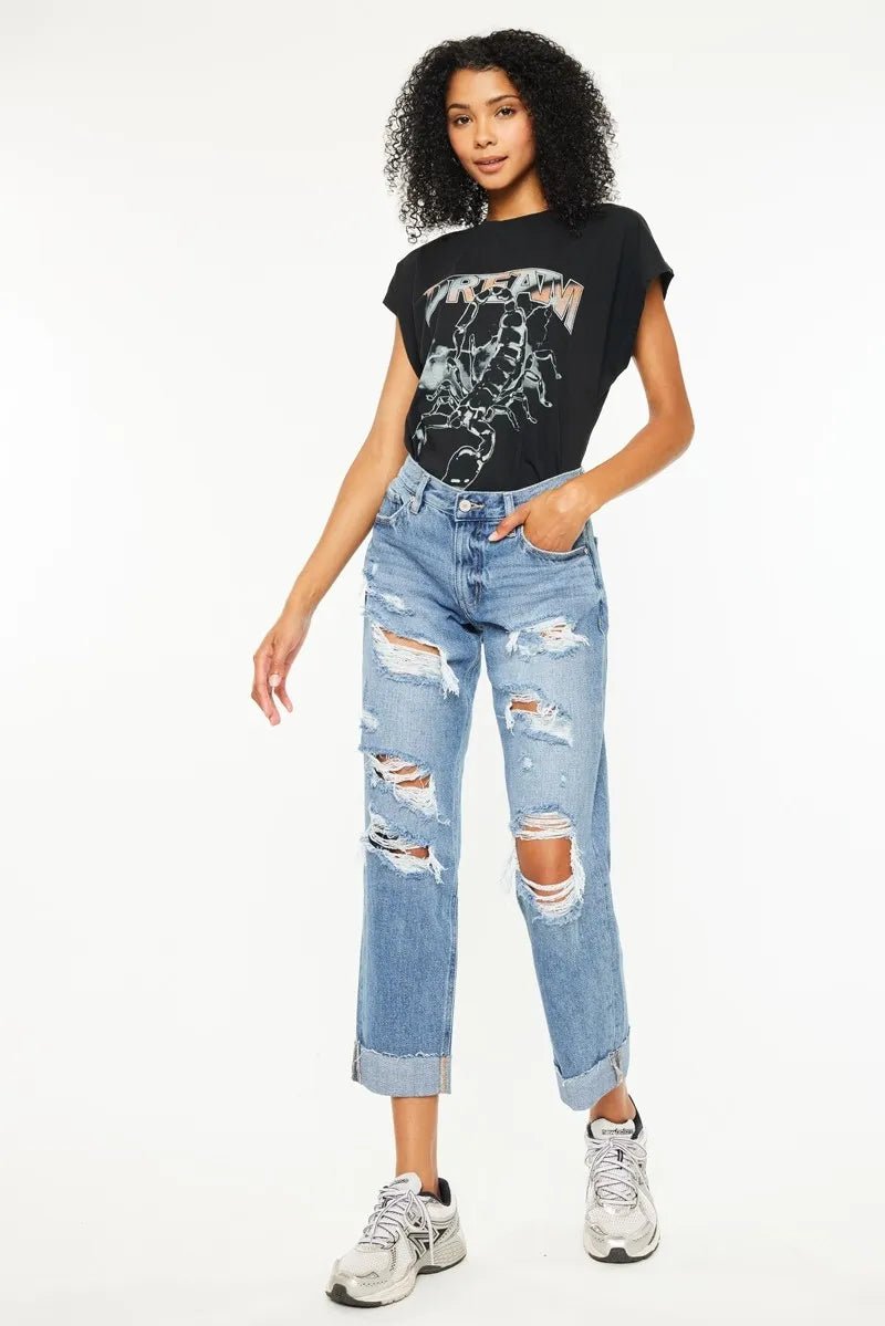Kancan - High - Rise Medium Wash Distressed Boyfriend Jeans with Cuffed Hem