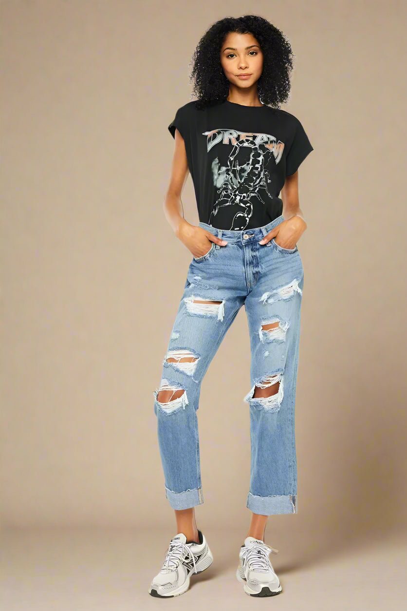 Kancan - High - Rise Medium Wash Distressed Boyfriend Jeans with Cuffed Hem