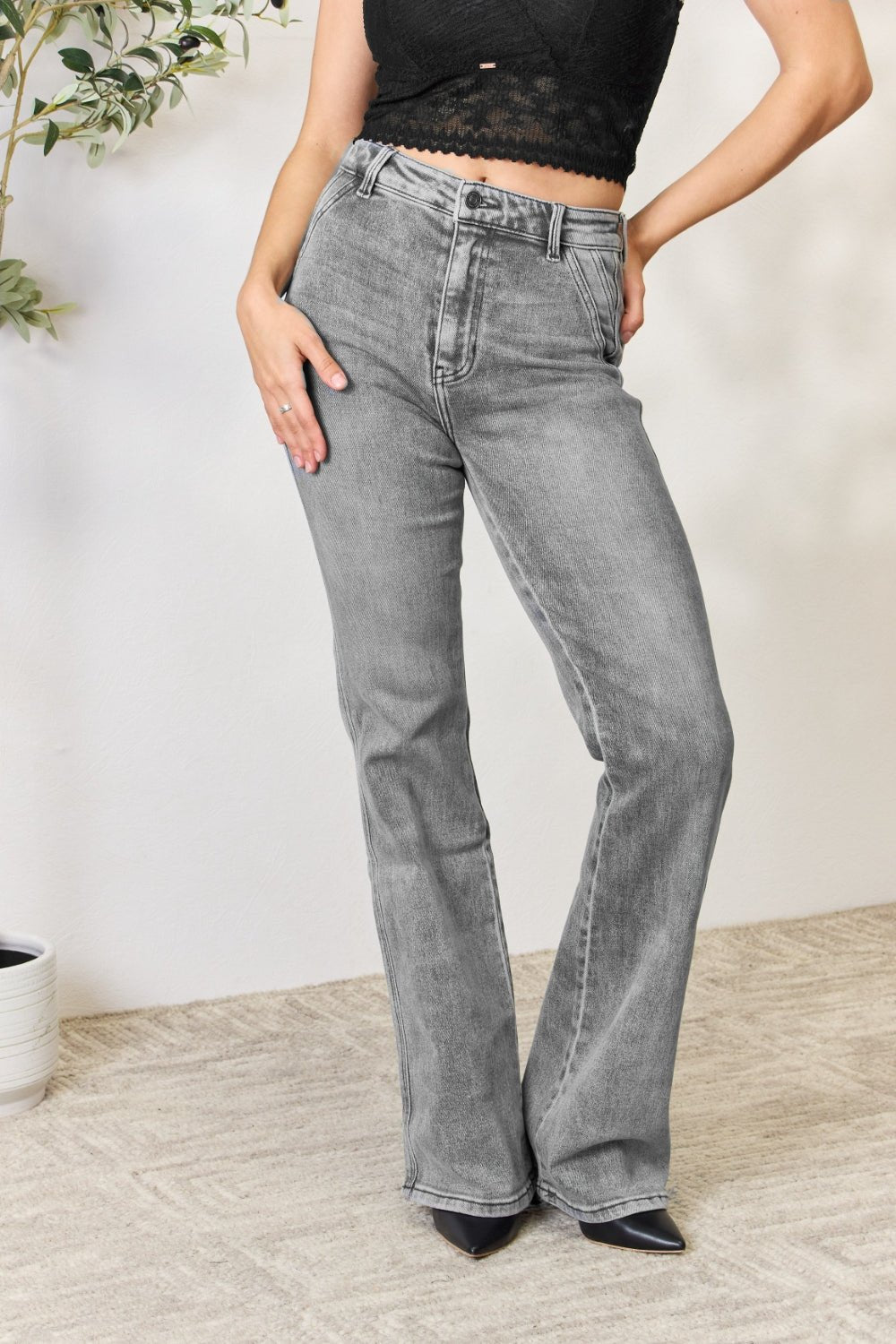 Kancan - Light Grey Wash High Waist Slim Flare Jeans