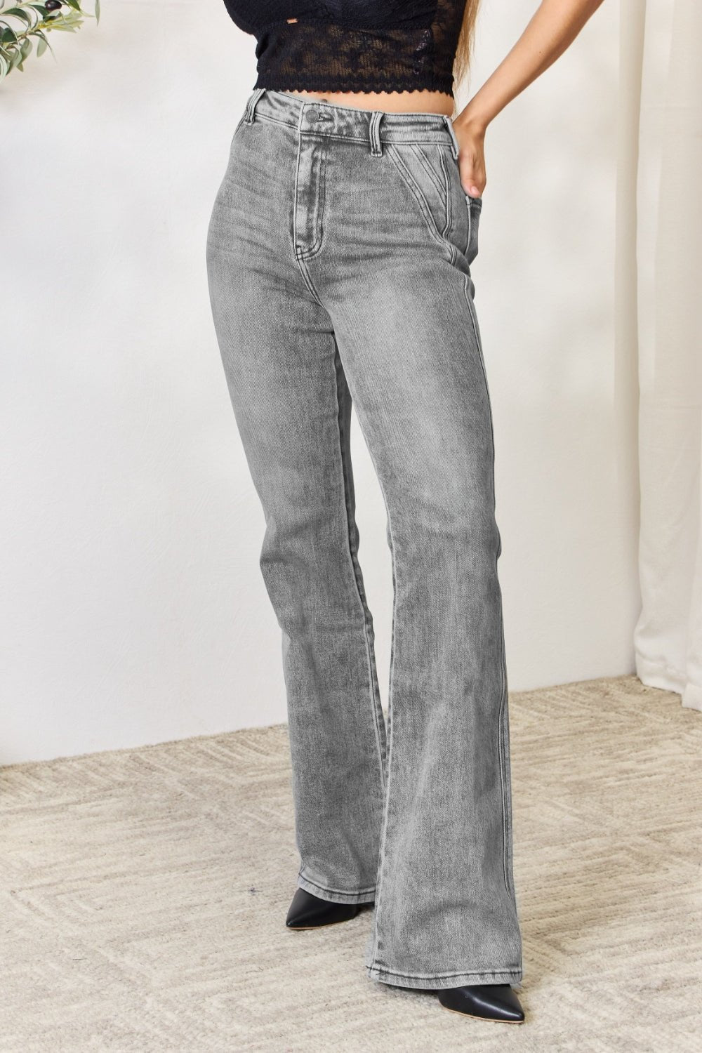 Kancan - Light Grey Wash High Waist Slim Flare Jeans