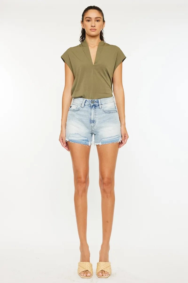 Kancan - Light Wash Distressed Raw Hem Denim Shorts