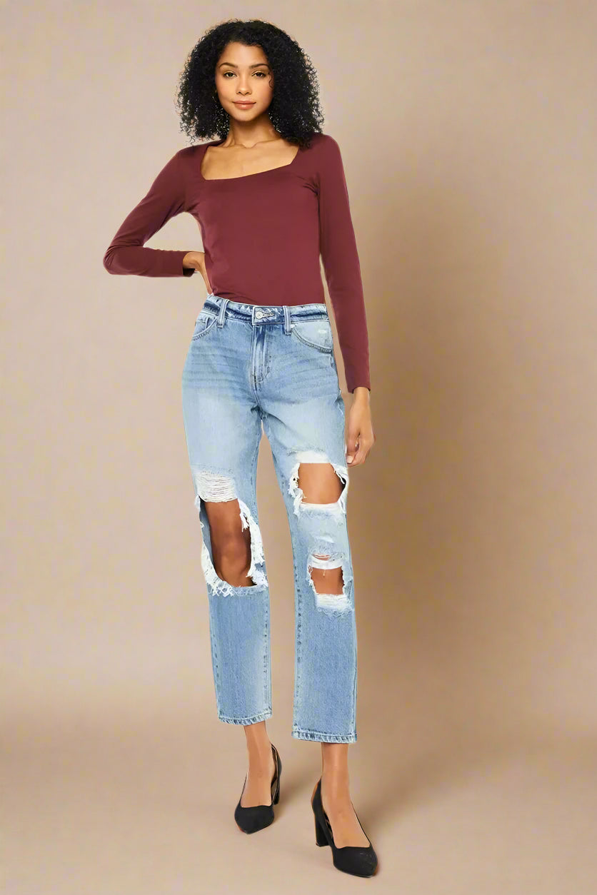 Kancan - Light Wash Distressed Straight Leg Jeans