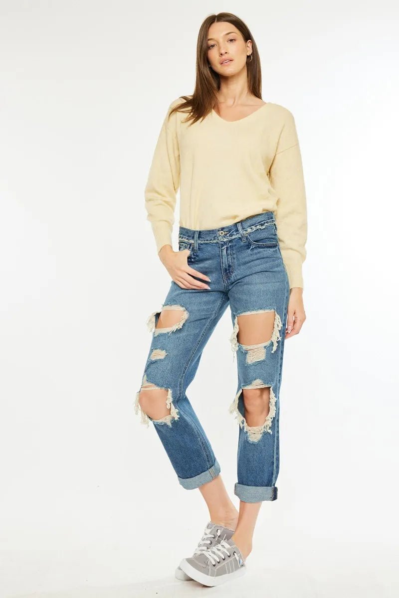 Kancan - Medium Wash Distressed Boyfriend Jeans
