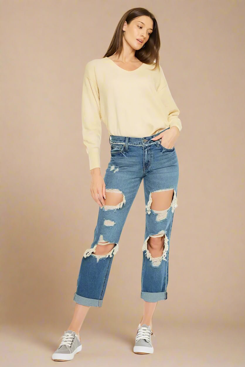Kancan - Medium Wash Distressed Boyfriend Jeans