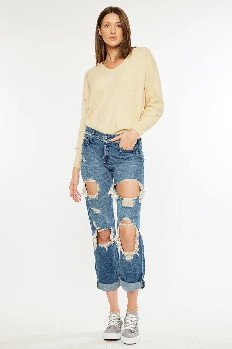 Kancan - Medium Wash Distressed Boyfriend Jeans