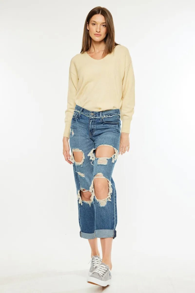 Kancan - Medium Wash Distressed Boyfriend Jeans