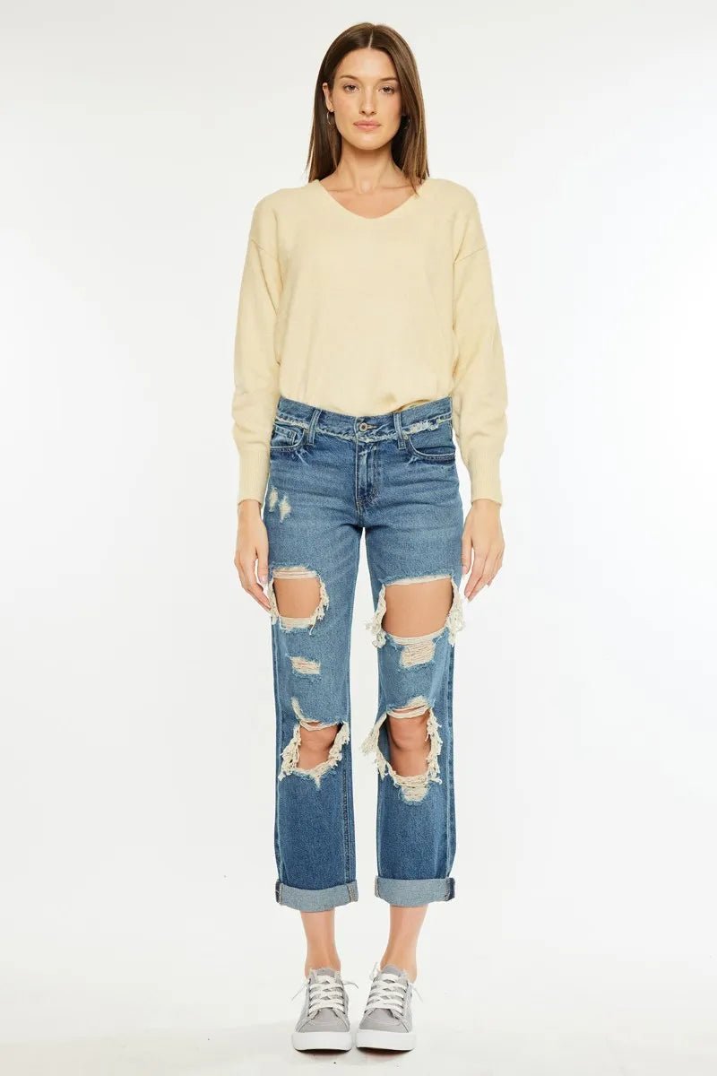 Kancan - Medium Wash Distressed Boyfriend Jeans
