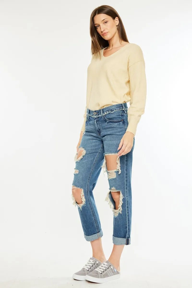 Kancan - Medium Wash Distressed Boyfriend Jeans