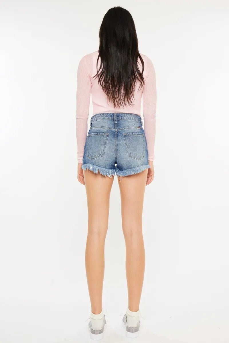 Kancan - Medium Wash Distressed Raw Hem Denim Shorts