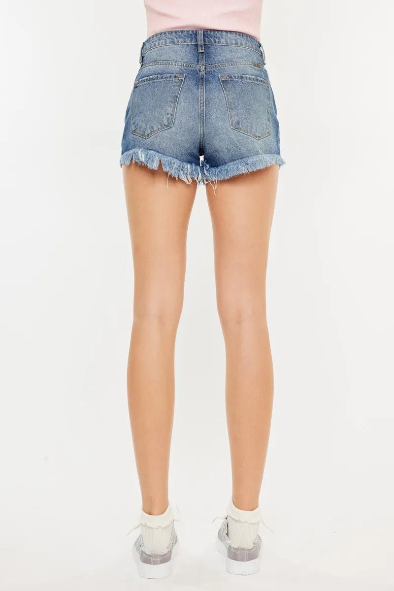 Kancan - Medium Wash Distressed Raw Hem Denim Shorts