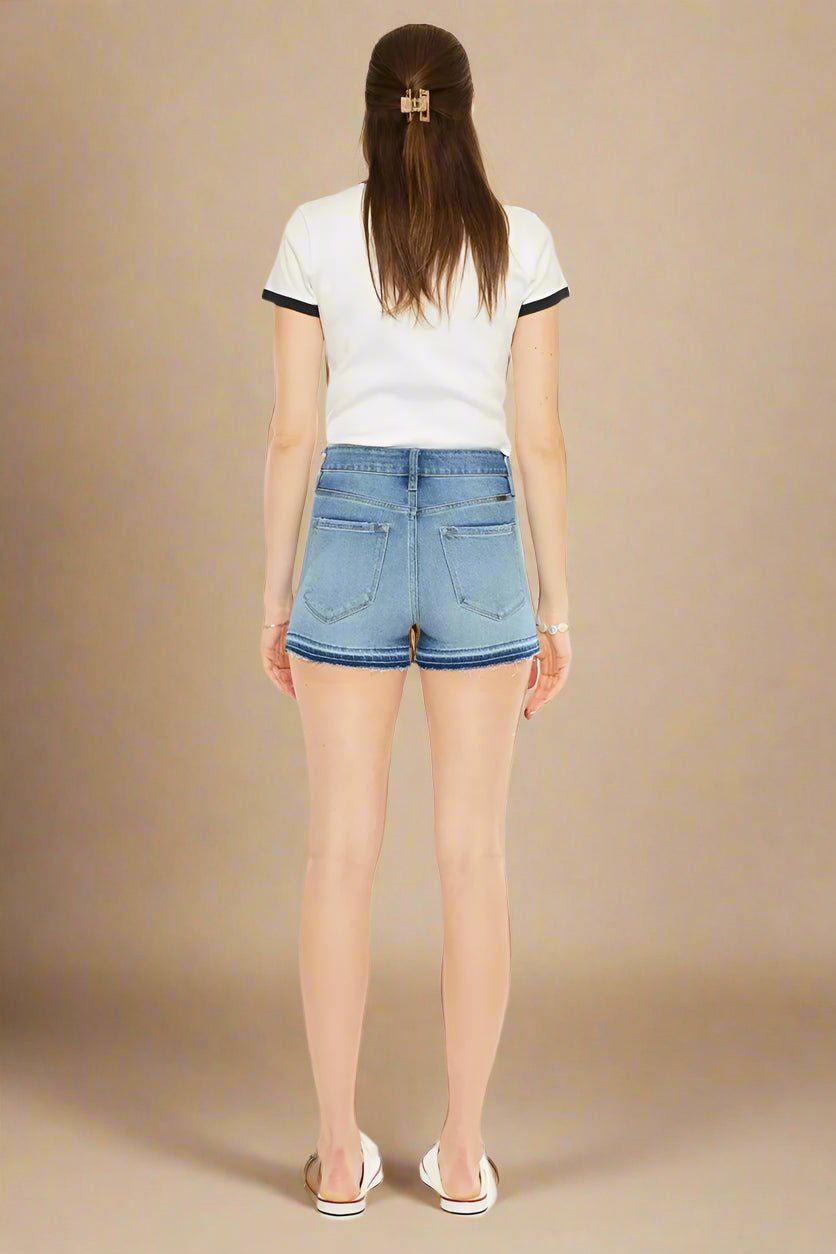 Kancan - Medium Wash High Rise Button Fly Denim Shorts with Raw Hem