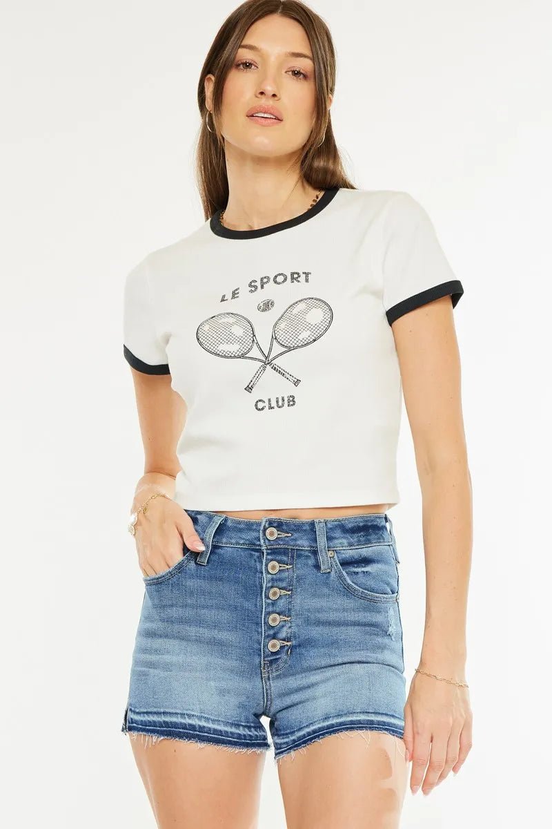 Kancan - Medium Wash High Rise Button Fly Denim Shorts with Raw Hem