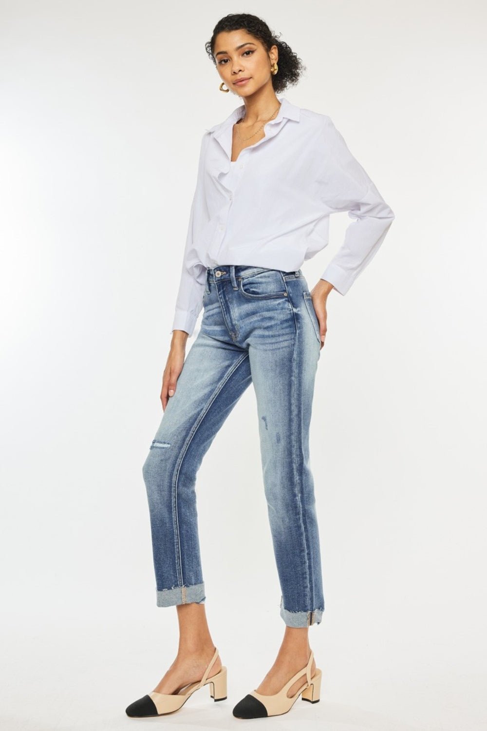 Kancan - Medium Wash High Rise Cuffed Straight Leg Jeans