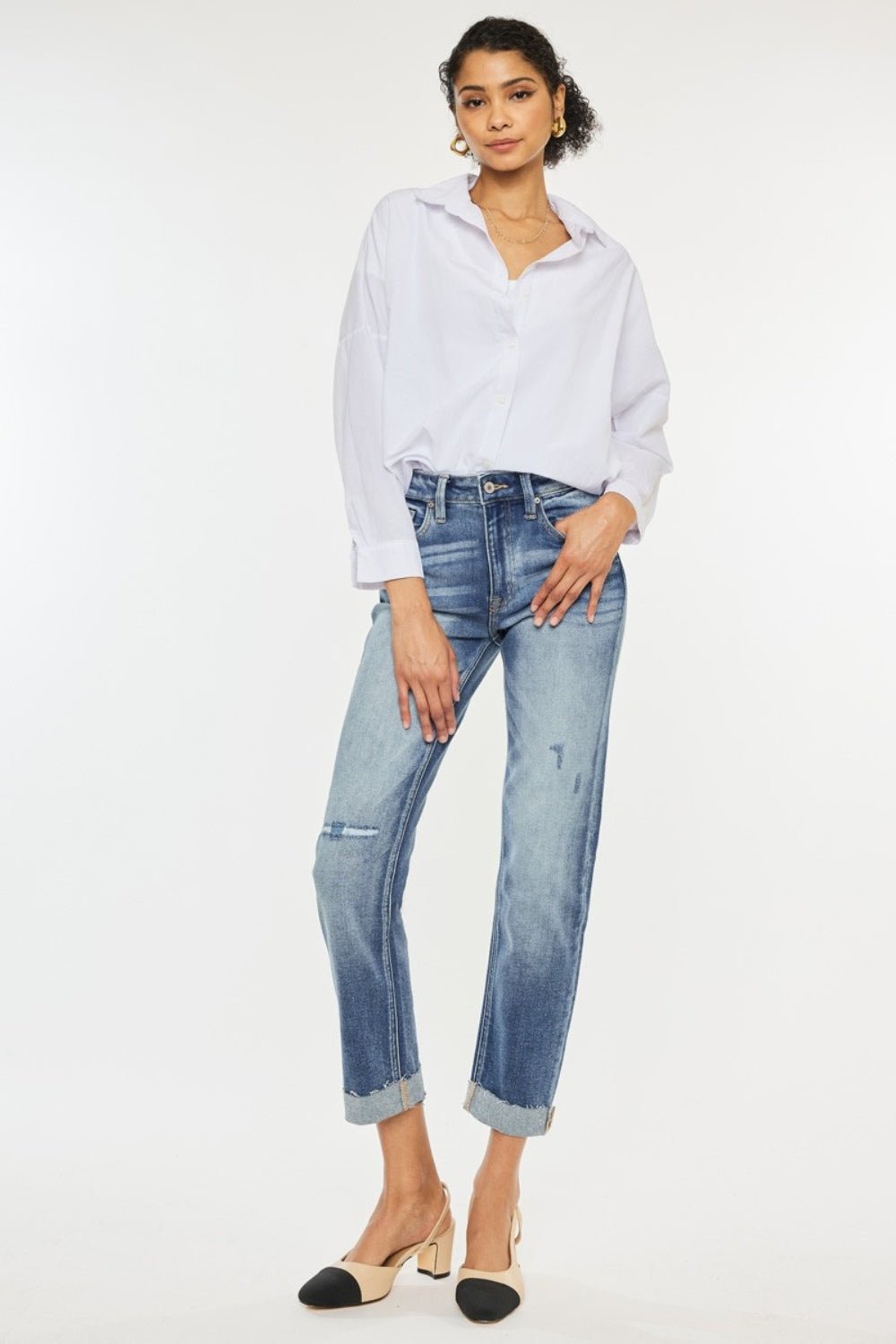 Kancan - Medium Wash High Rise Cuffed Straight Leg Jeans