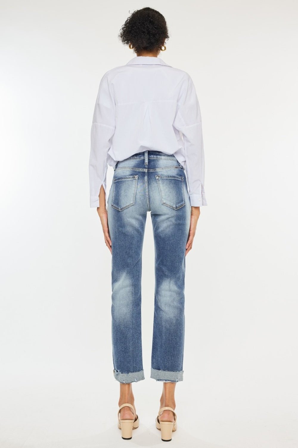 Kancan - Medium Wash High Rise Cuffed Straight Leg Jeans