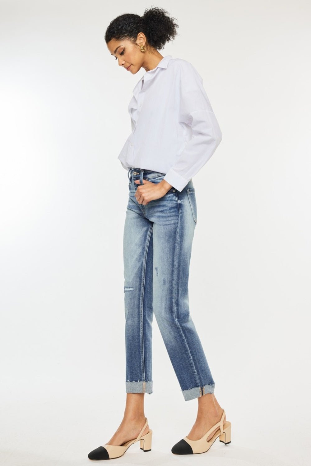 Kancan - Medium Wash High Rise Cuffed Straight Leg Jeans