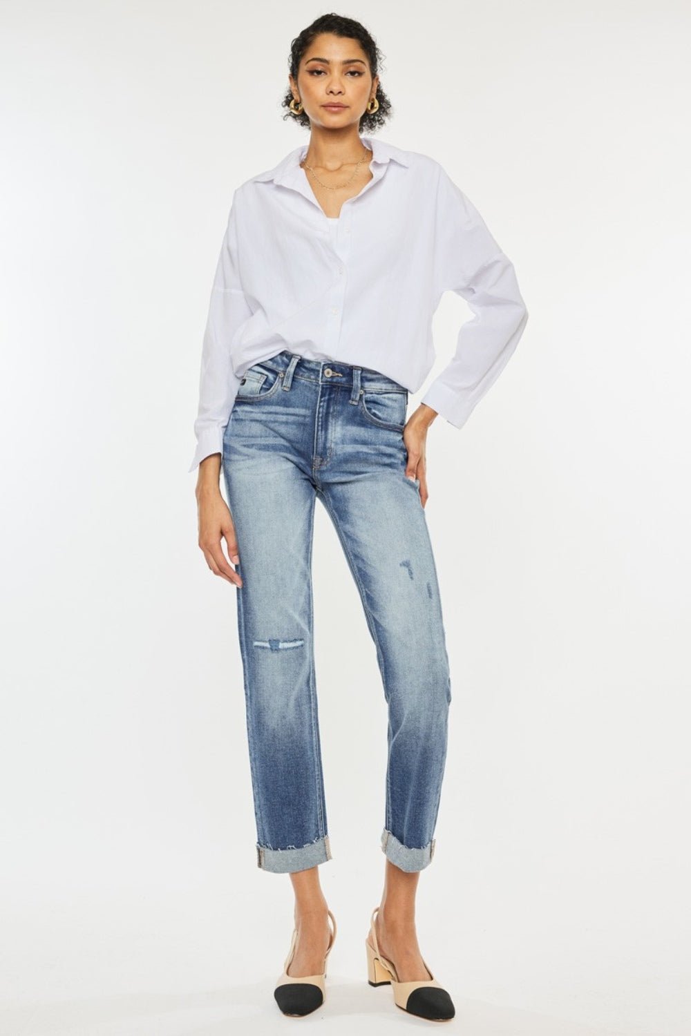 Kancan - Medium Wash High Rise Cuffed Straight Leg Jeans