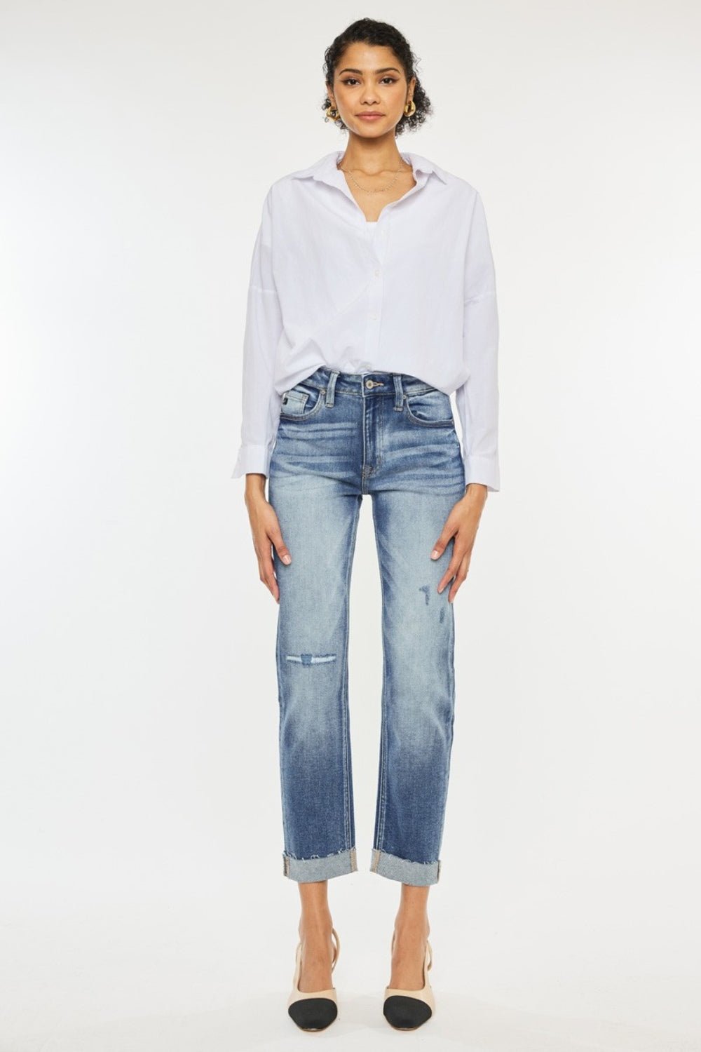 Kancan - Medium Wash High Rise Cuffed Straight Leg Jeans