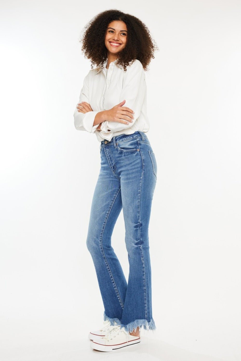 Kancan - Medium Wash High Rise Frayed Hem Jeans