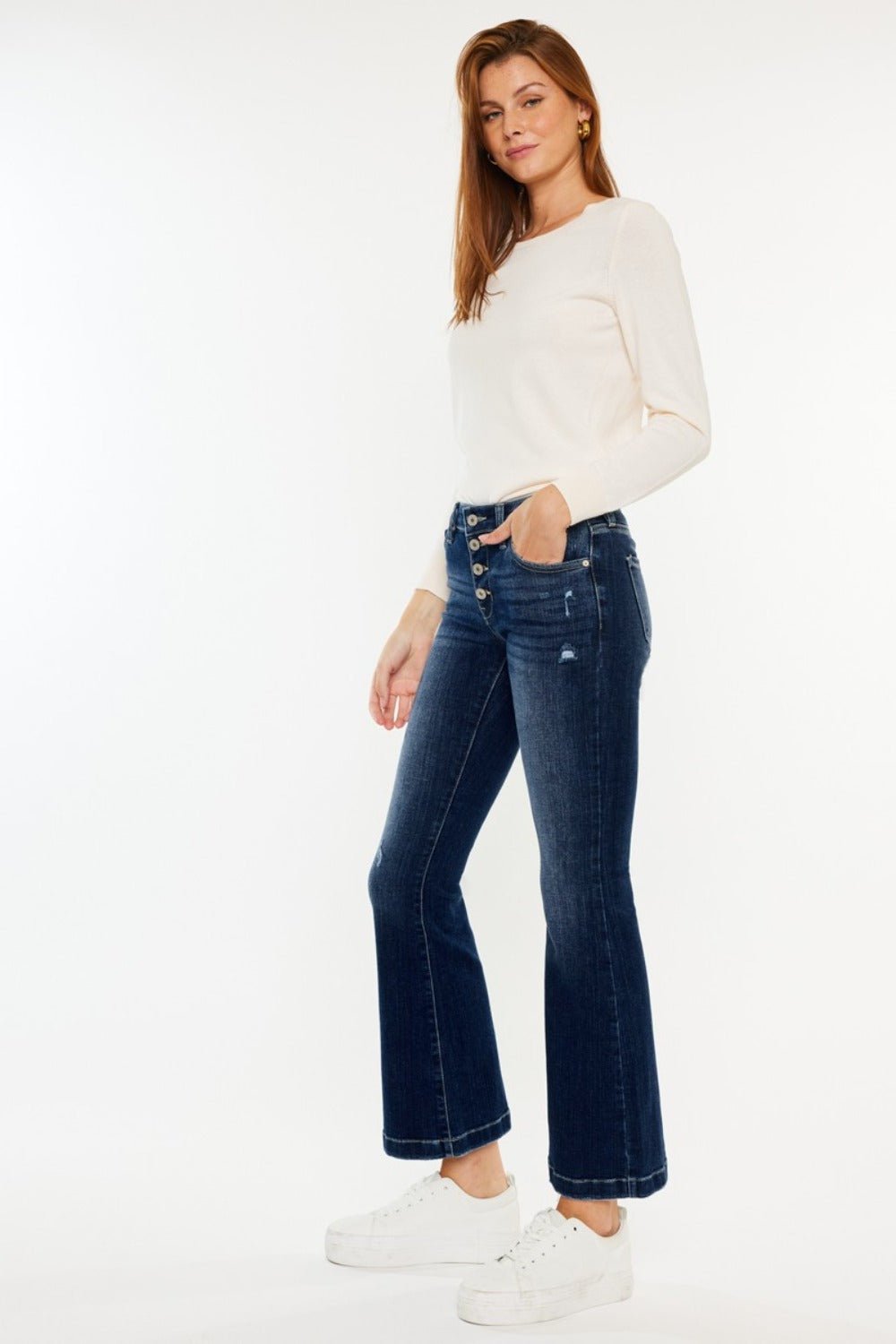 Kancan - Medium Wash Mid Rise Button Fly Flare Jeans