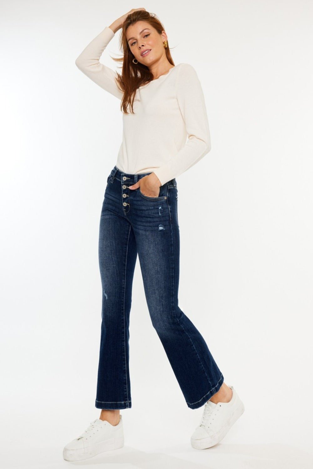 Kancan - Medium Wash Mid Rise Button Fly Flare Jeans