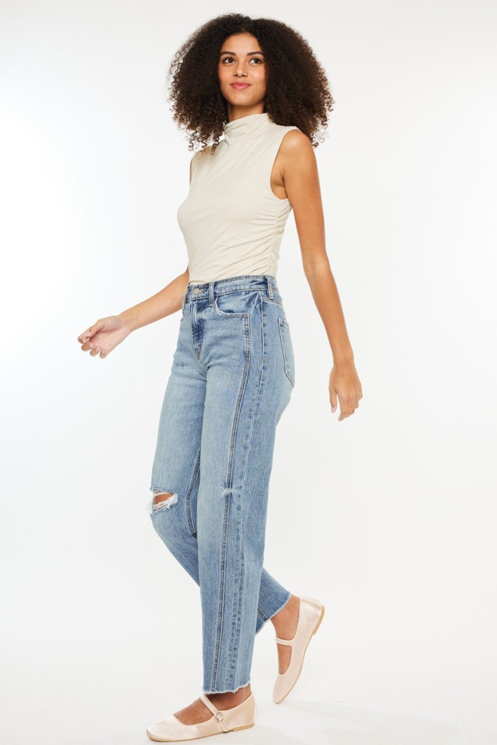 Kancan - Medium Wash Ultra High Rise Distressed Straight Leg Jeans