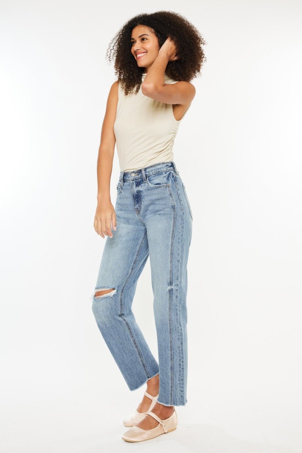 Kancan - Medium Wash Ultra High Rise Distressed Straight Leg Jeans