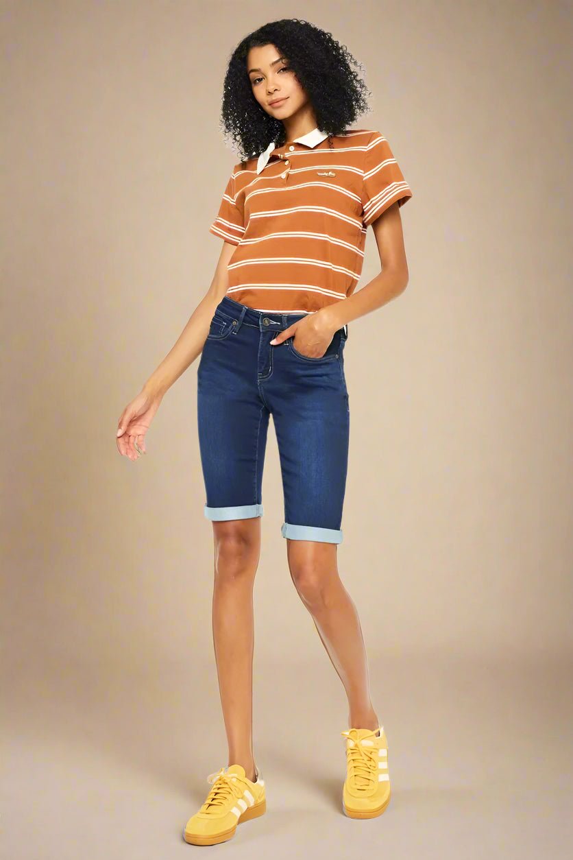 Kancan - Mid Rise Cuffed Denim Bermuda Shorts – Dark Wash