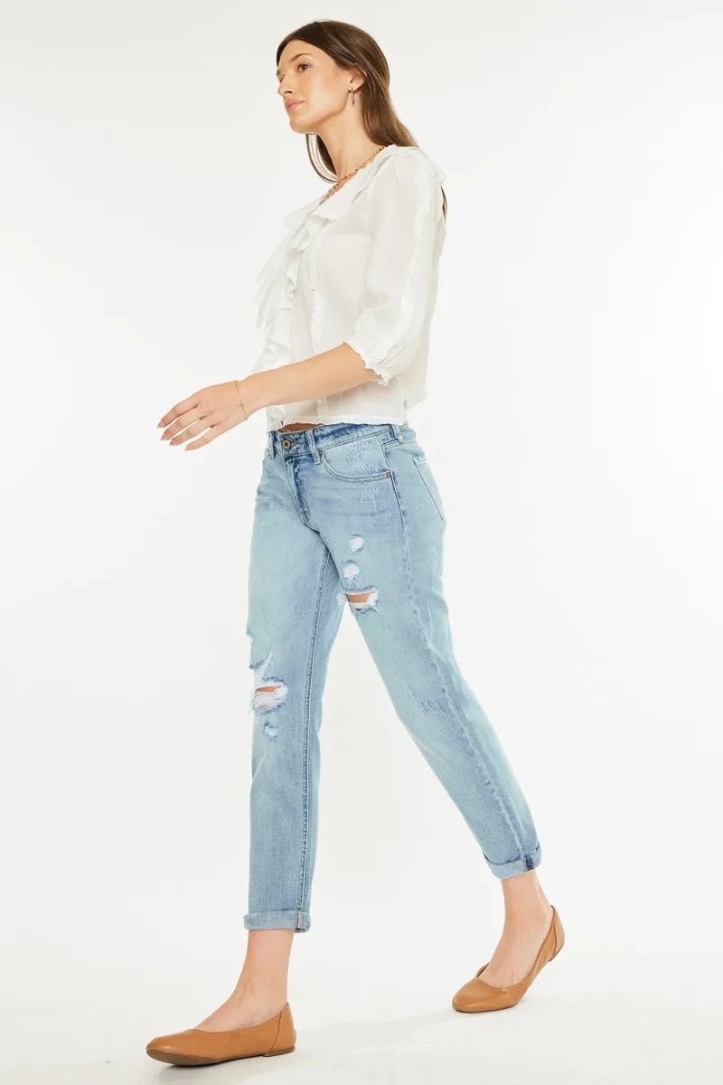 Kancan - Mid Rise Distressed Boyfriend Jeans – Light Wash