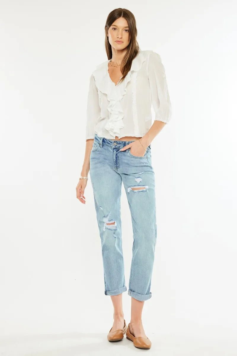 Kancan - Mid Rise Distressed Boyfriend Jeans – Light Wash