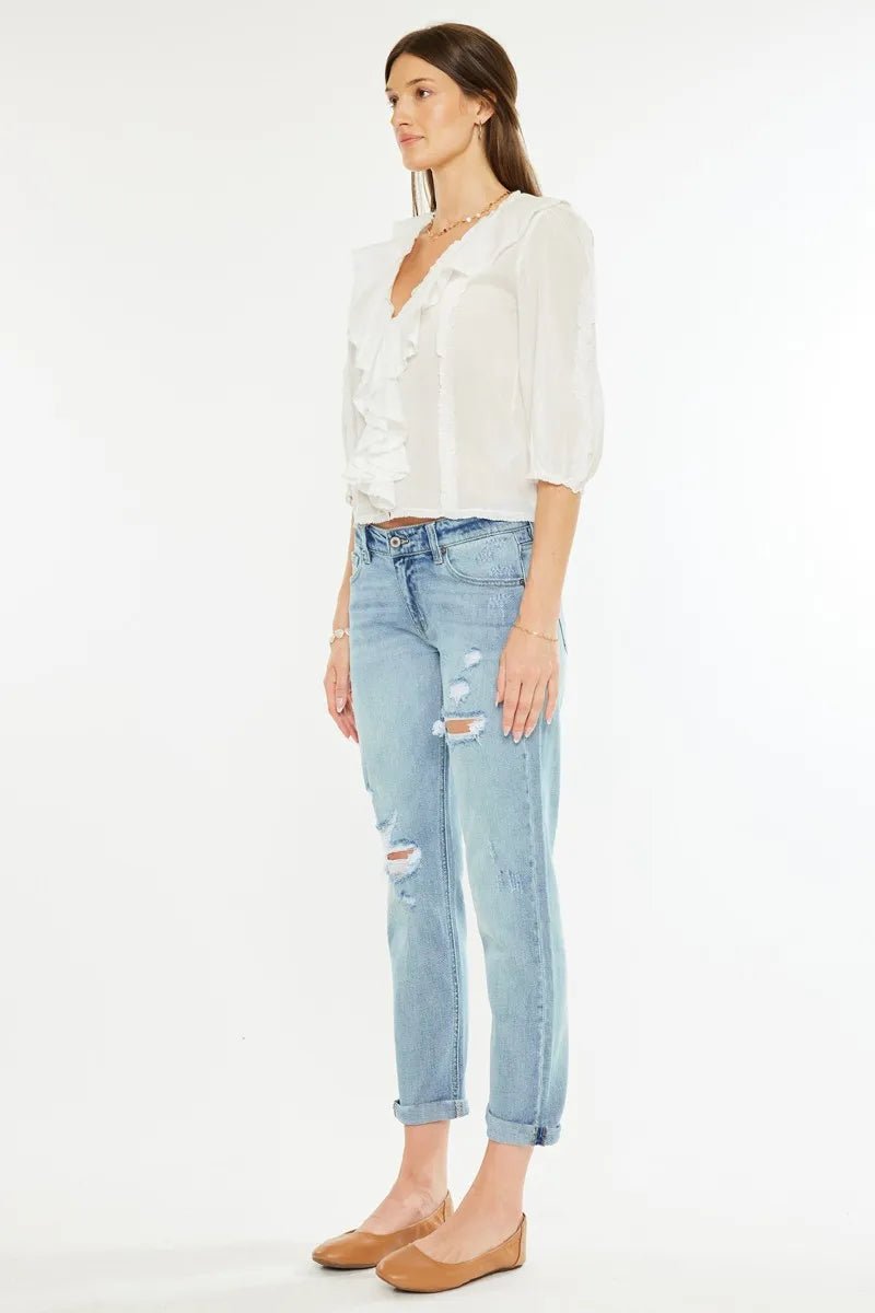 Kancan - Mid Rise Distressed Boyfriend Jeans – Light Wash