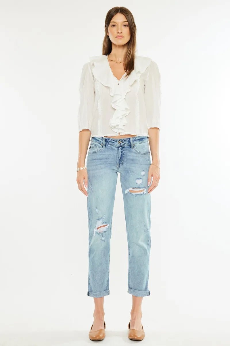 Kancan - Mid Rise Distressed Boyfriend Jeans – Light Wash