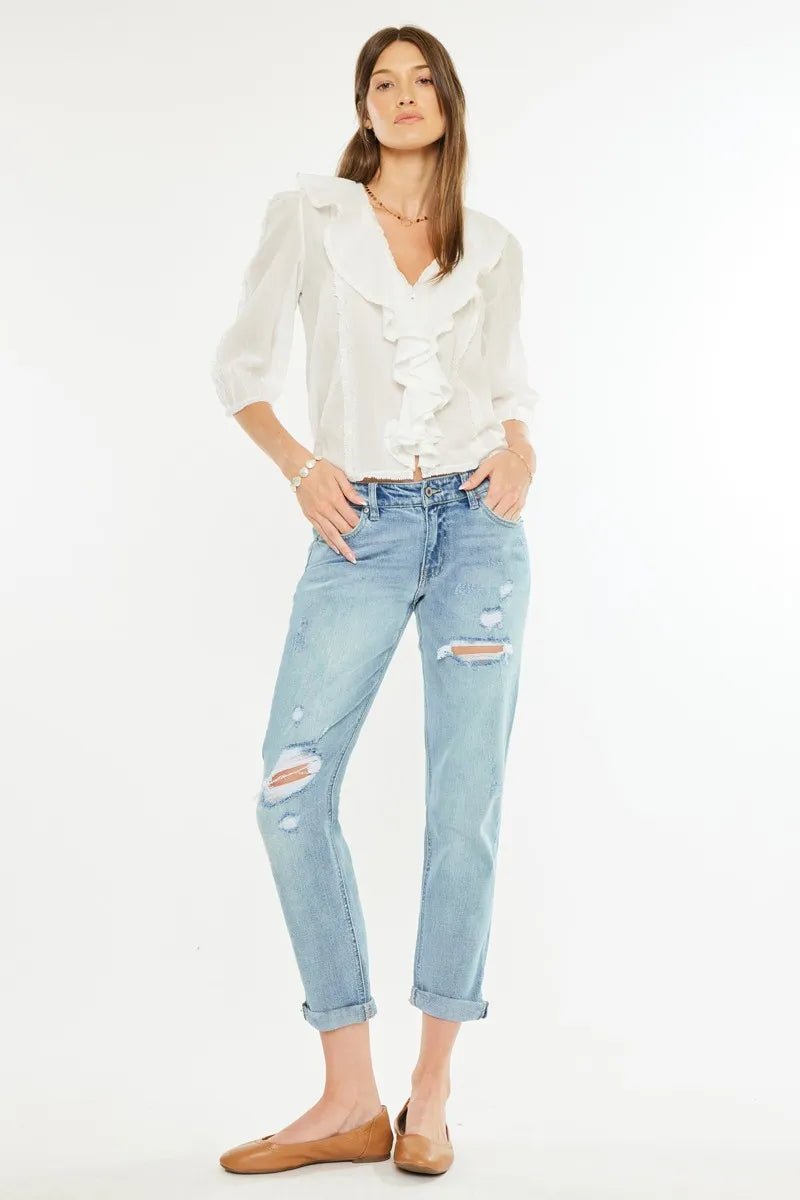 Kancan - Mid Rise Distressed Boyfriend Jeans – Light Wash