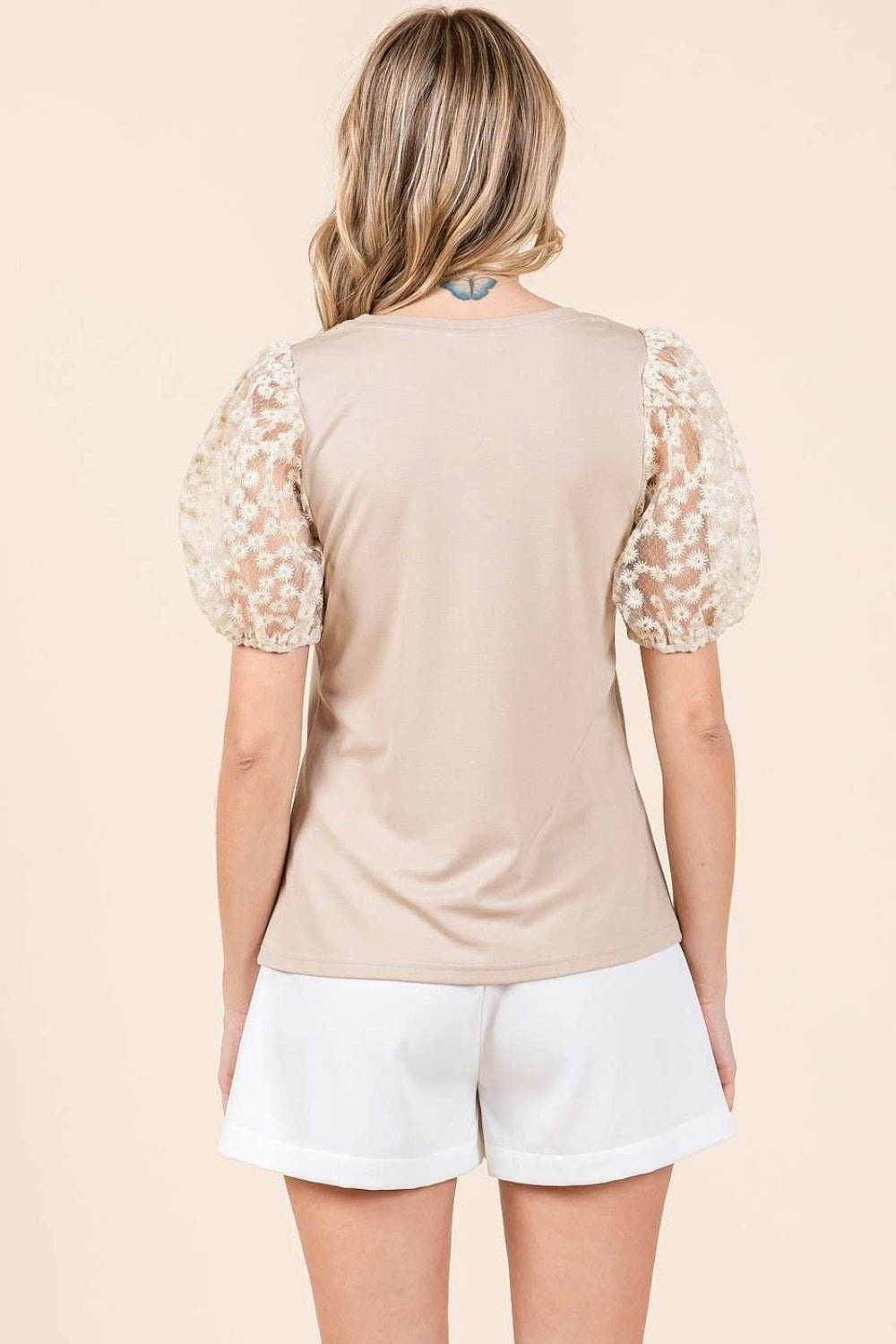 Lace Puff Short Sleeve Top in TaupeTopMittoshop