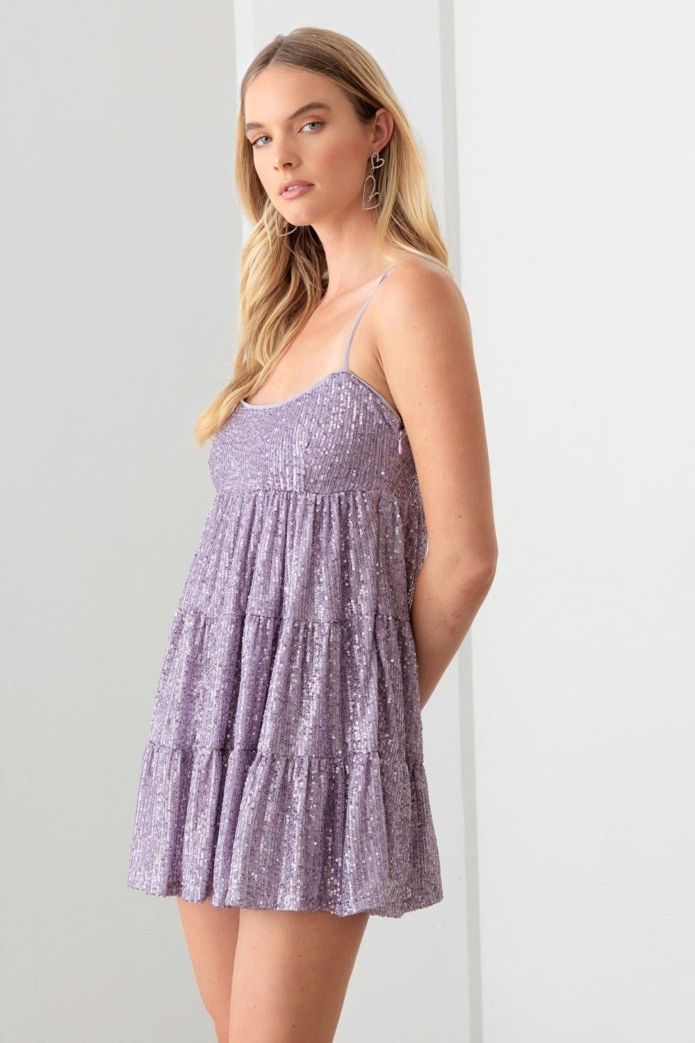 LE LIS - Sequin Babydoll Tiered Mini Dress in Lavender