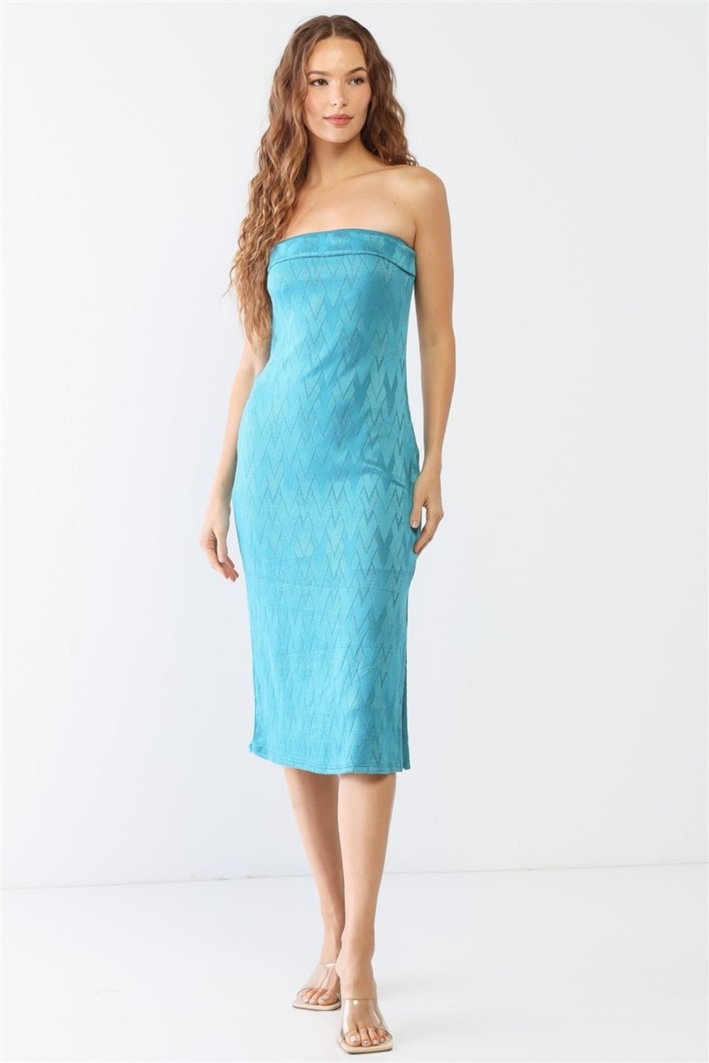 LE LISGeometric Print Strapless Side Slit Midi Dress in Jade