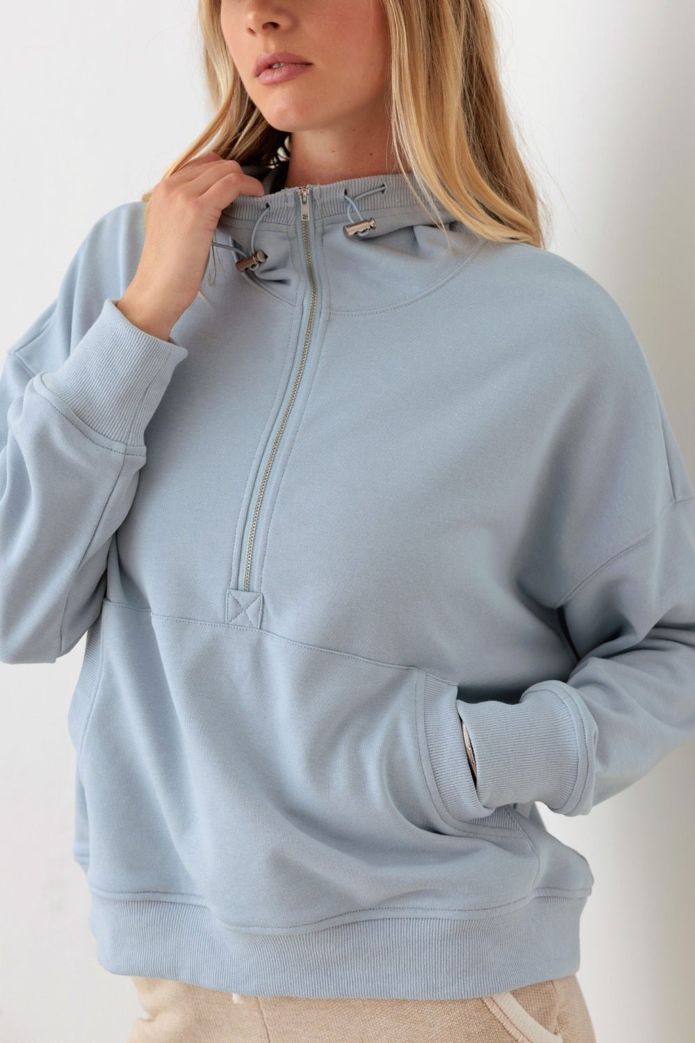 LE LISHalf Zip Drawstring Mock Neck Hoodie in Baby Blue